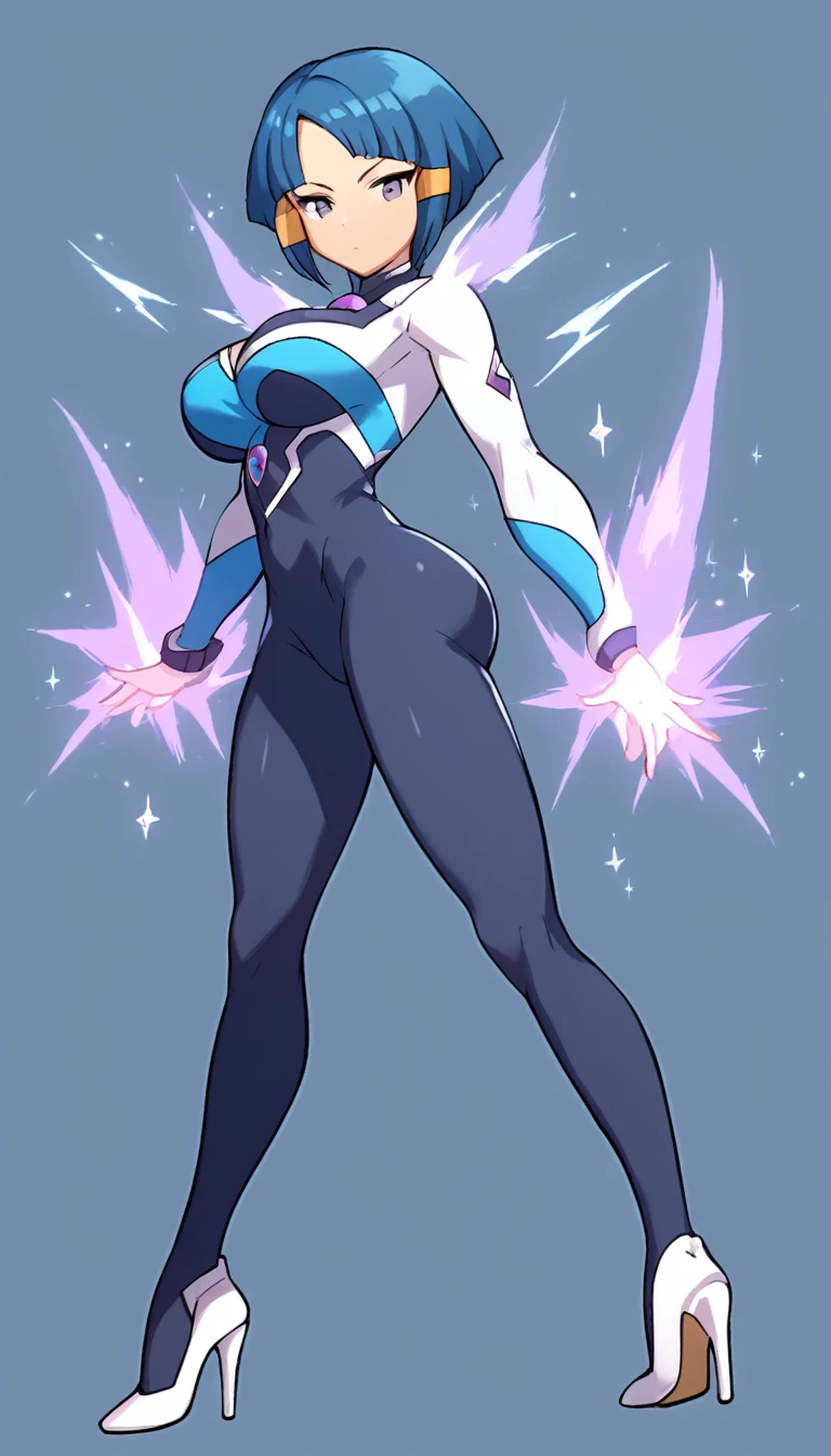 best quality,ultra detailed,solo,score_9, score_8_up, score_7_up, score_6_up, score_5_up, score_4_up, source_anime, 1girl, clara, blue hair, hair tubes, grey eyes, white bodysuit,big breasts, standing sexy pose, (behind view,portrait),full body,heavenly ass, heavenly breasts, big ass, no shoes, wearing white heels, upset, face, long legs, tight bodysuit, tight sleeves, black bodysuit, half-closed eyes, backside, charging dark power, charging dark energy, dark energy, using dark power, using energy, using dark energy, charging dark energy, dark aura, backside