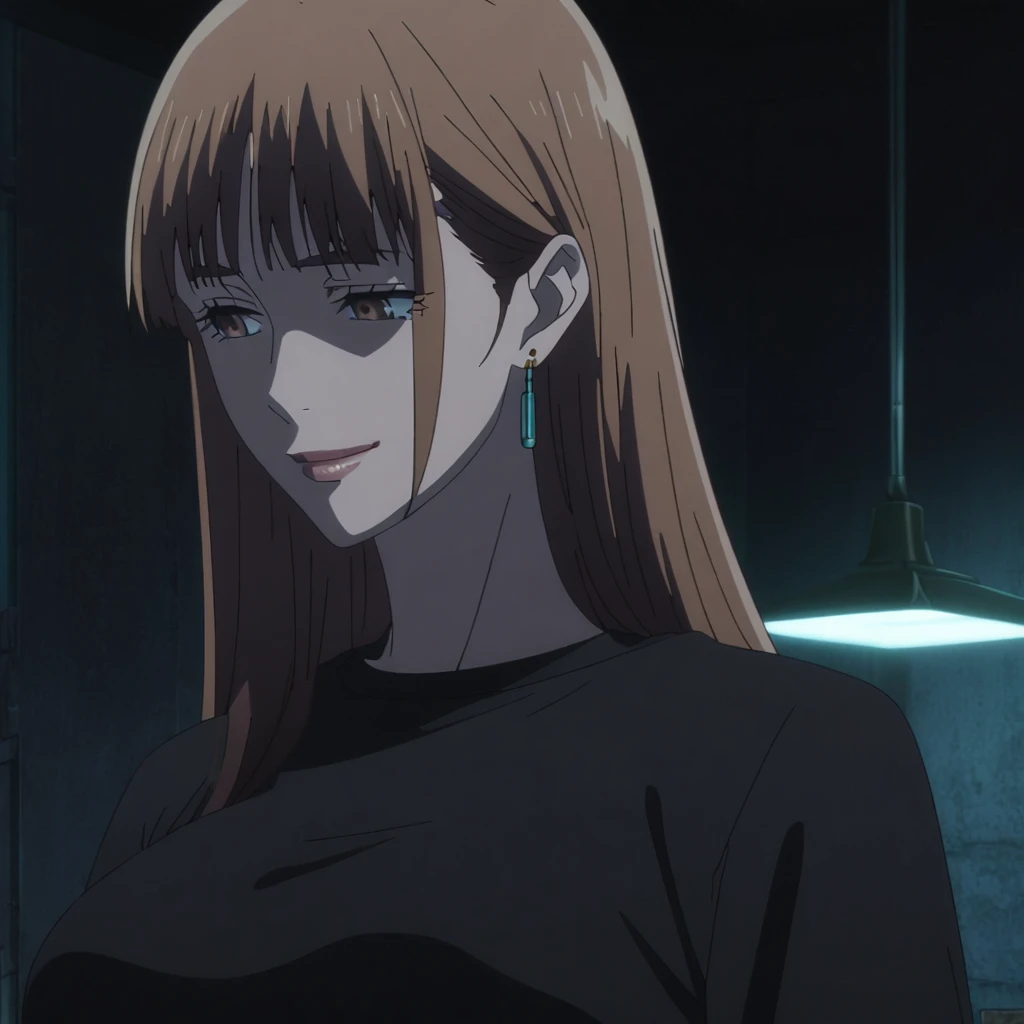 1girl, female gojo satoru, anime screencap from jujutsu kaisen, gojo satoru female version, solo, long_straight hair, blue eyes ((Dark Brown_hair, straight hair)), night view, (hanging breasts) upper_body, smile, indoors, brown_eyes, lips (straight hair) (wearing round sunglasses) ((wearing black sweater outfit)) breast, "very detailed and high resolution" (brown eyes) ((solo)) (front view) (earings) ((high resolution)) ((good quality)) ((bangs))