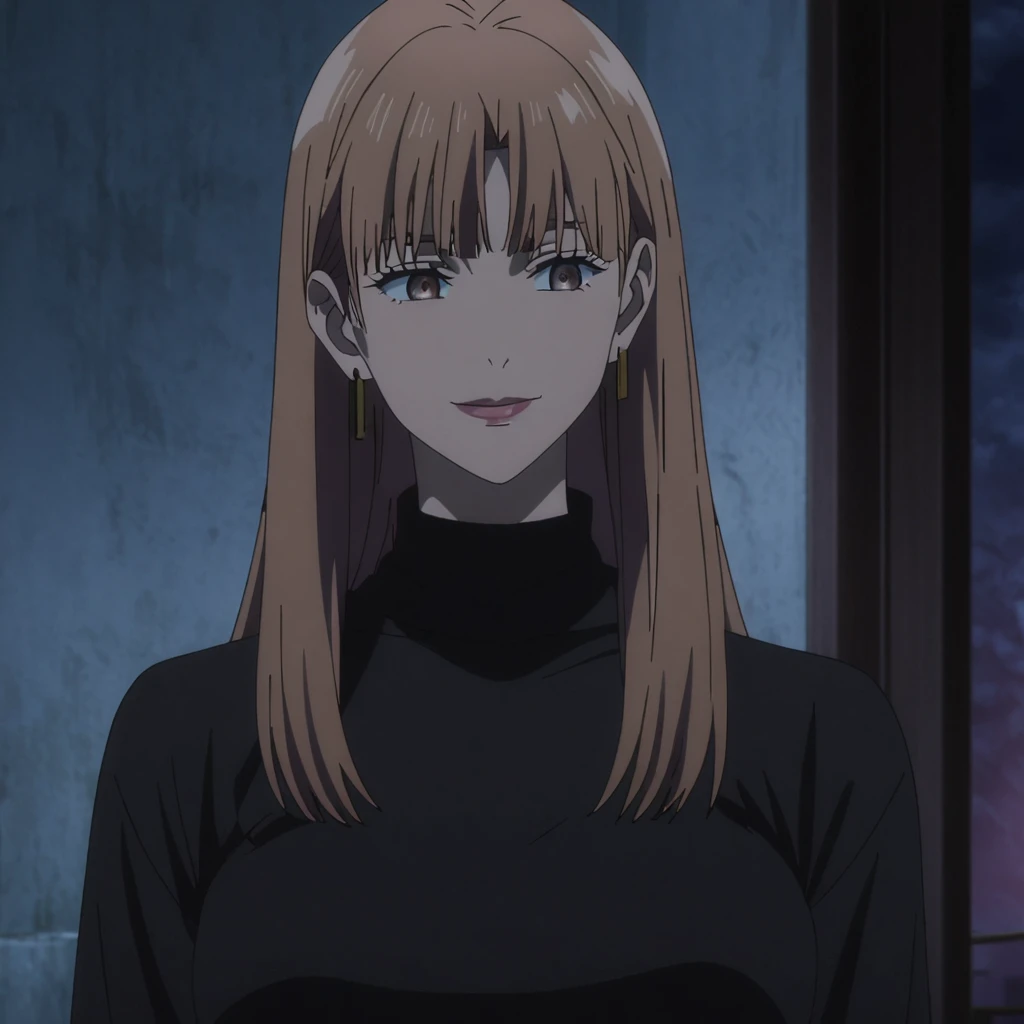 1girl, female gojo satoru, anime screencap from jujutsu kaisen, gojo satoru female version, solo, long_straight hair, blue eyes ((Dark Brown_hair, straight hair)), night view, (hanging breasts) upper_body, smile, indoors, brown_eyes, lips (straight hair) (wearing round sunglasses) ((wearing black sweater outfit)) breast, "very detailed and high resolution" (brown eyes) ((solo)) (front view) (earings) ((high resolution)) ((good quality)) ((bangs))
