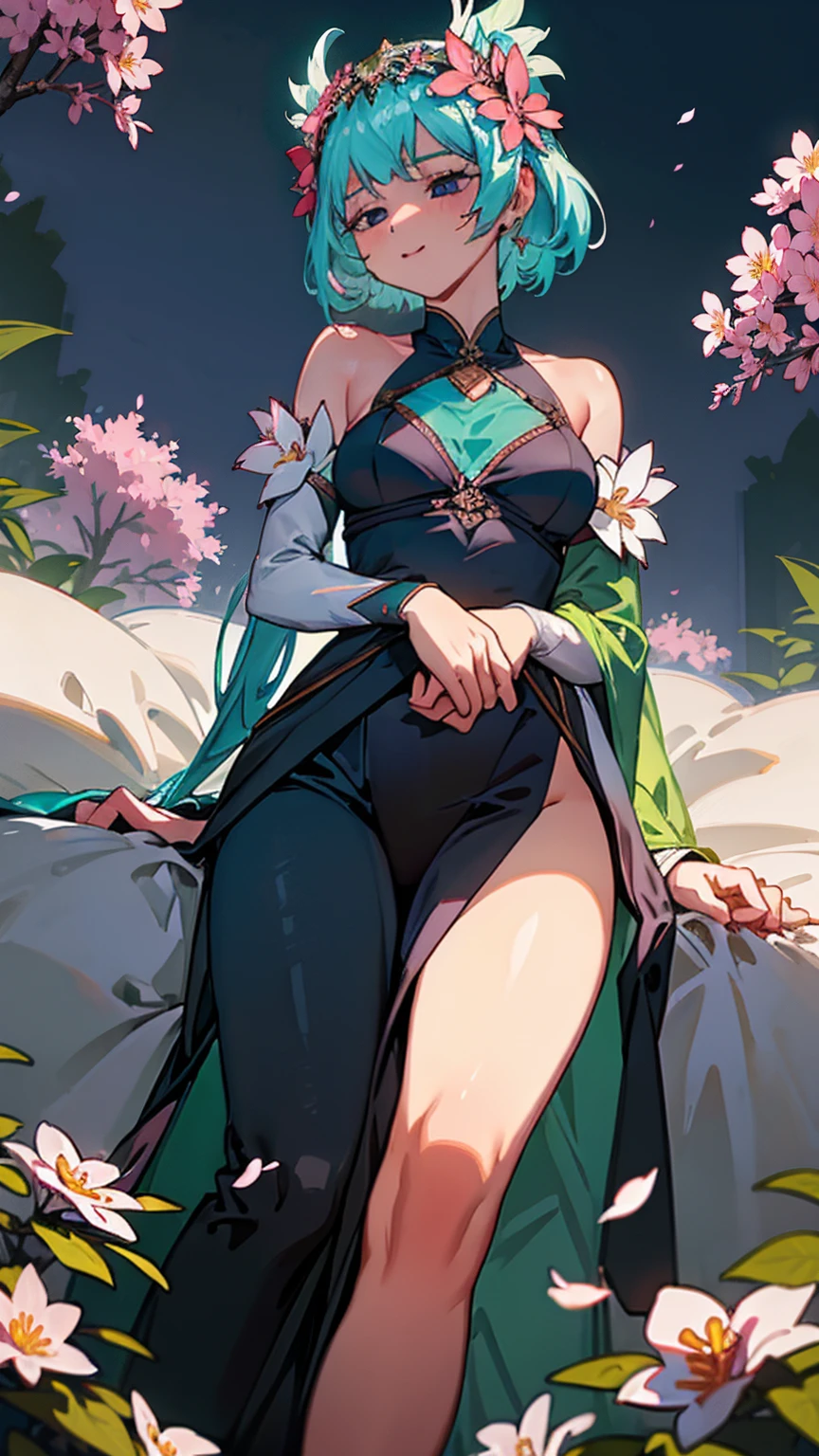In a secluded garden at twilight, a goddess reclines on a bed of flowers, her body blending with the vibrant petals. Normal-sized onlookers approach her, entranced by the intoxicating combination of her divine beauty and the fragrant blooms surrounding her.