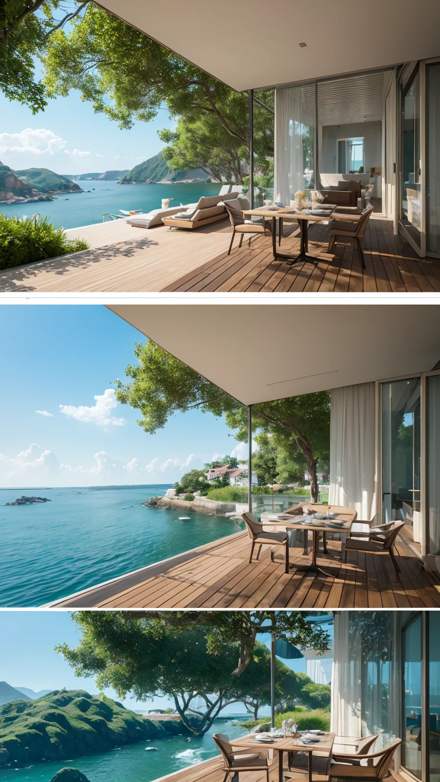 The terrace by the water has a sofa and a table., Very detailed scene, relaxing environment, Sea view cliff, Beautiful and detailed scenes, Overlooking the sea, Highly detailed environments, Unreal Engine 5 is highly rendered, Natural and realistic rendering, highly realistic unreal engine, Unreal 6 Breathtaking Details, HDR Rendering in Unreal Engine 5, Detailed scenery
