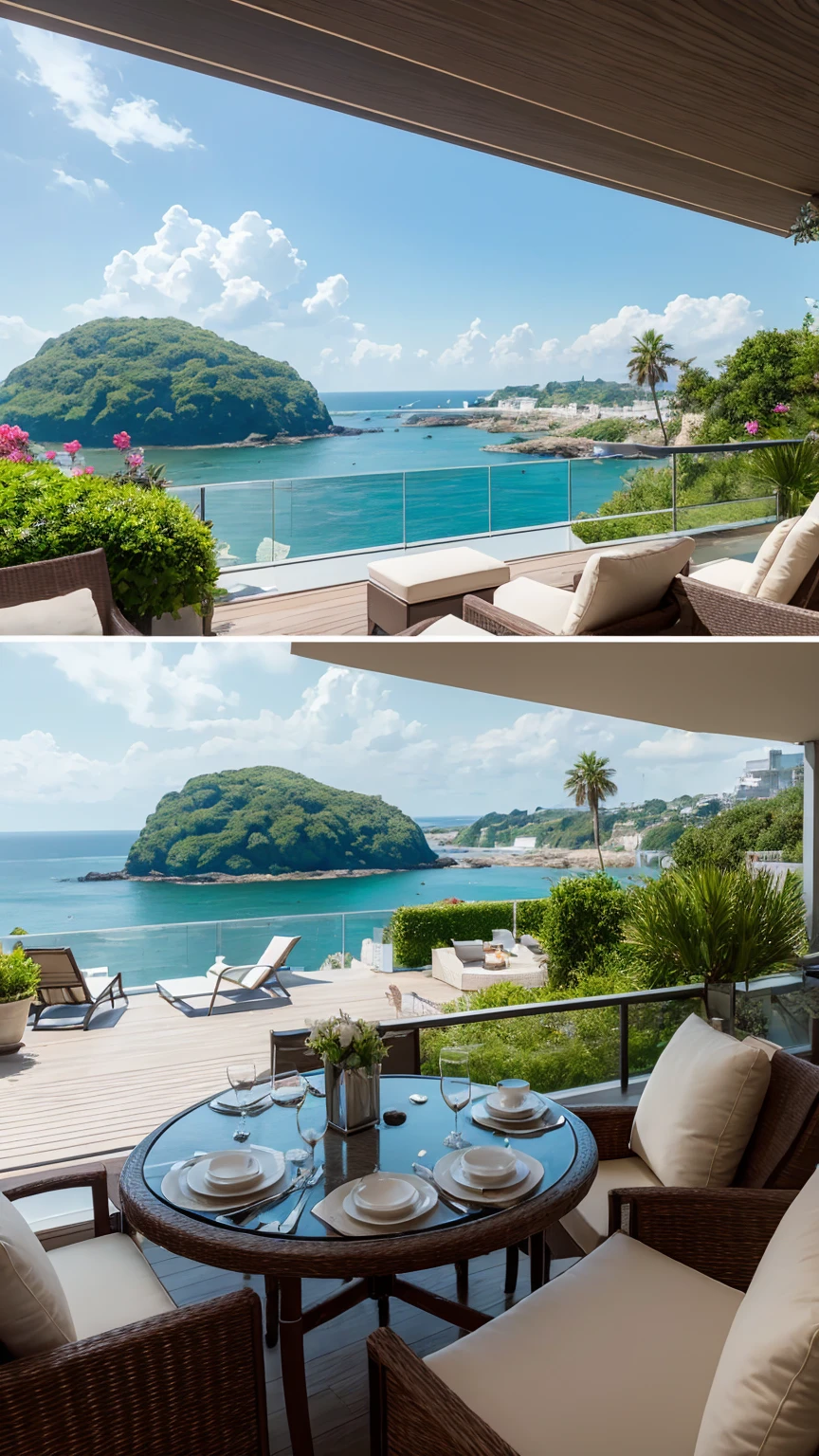 The terrace by the water has a sofa and a table., Very detailed scene, relaxing environment, Sea view cliff, Beautiful and detailed scenes, Overlooking the sea, Highly detailed environments, Unreal Engine 5 is highly rendered, Natural and realistic rendering, highly realistic unreal engine, Unreal 6 Breathtaking Details, HDR Rendering in Unreal Engine 5, Detailed scenery