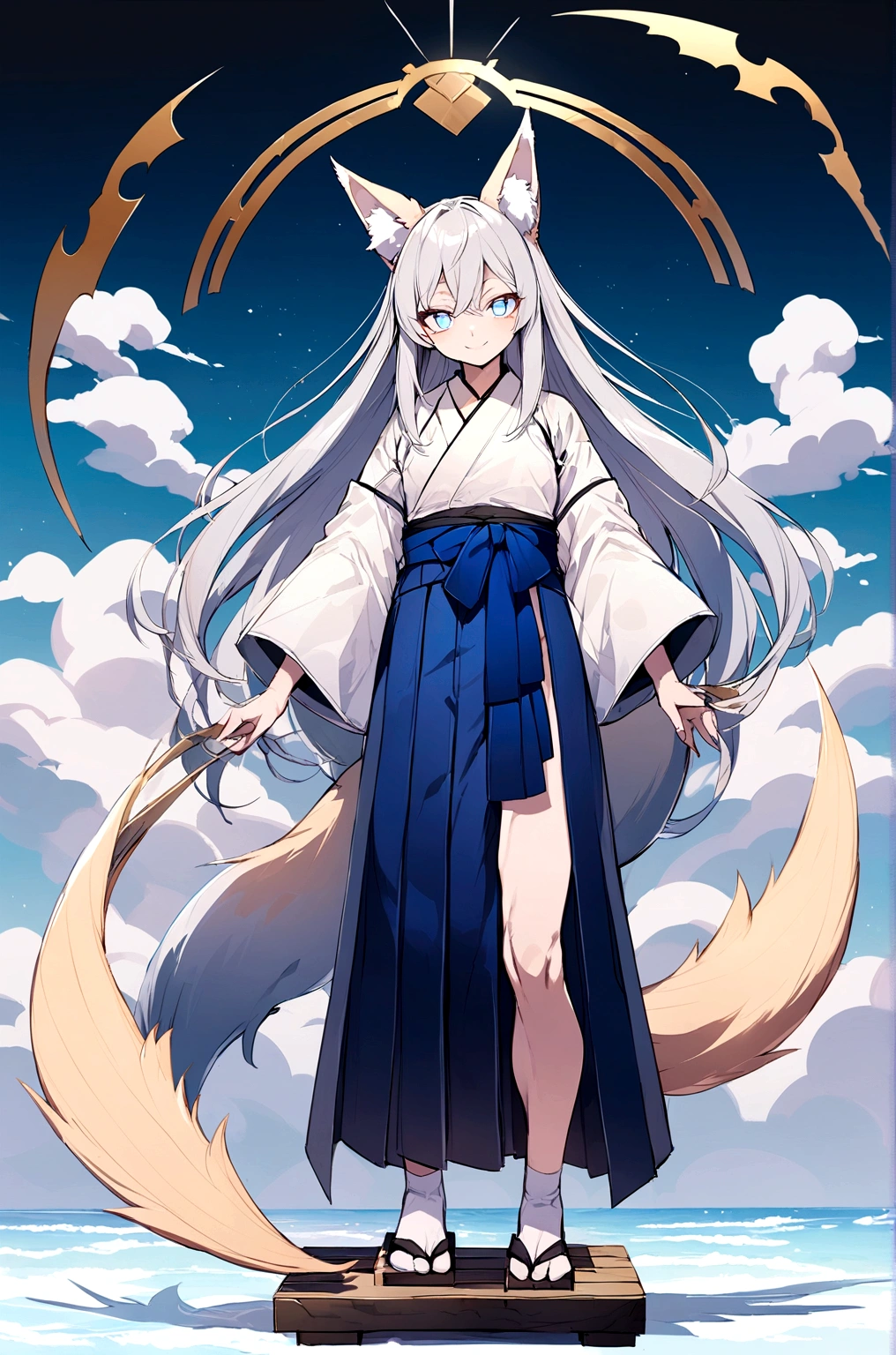 ((Detailed eyes, Shining eyes:1.2)),Has blue eyes,{best quality}, {very aesthetic}, {ultra-detailed}, {best illustration}, nsfw,{{1boys}},,boy,Tsurime Eyes,look at viewer,silver long hair,man,Fox ears,cute boy,eyes hidden by hair,Long Bangs,Perfect Face,Perfect Anatomy,Simple Background,whole body,7 heads,Are standing,tabi,geta,Men's Hakama,juvenile,Character Settings,((full body)),smile,Long lower eyelashes