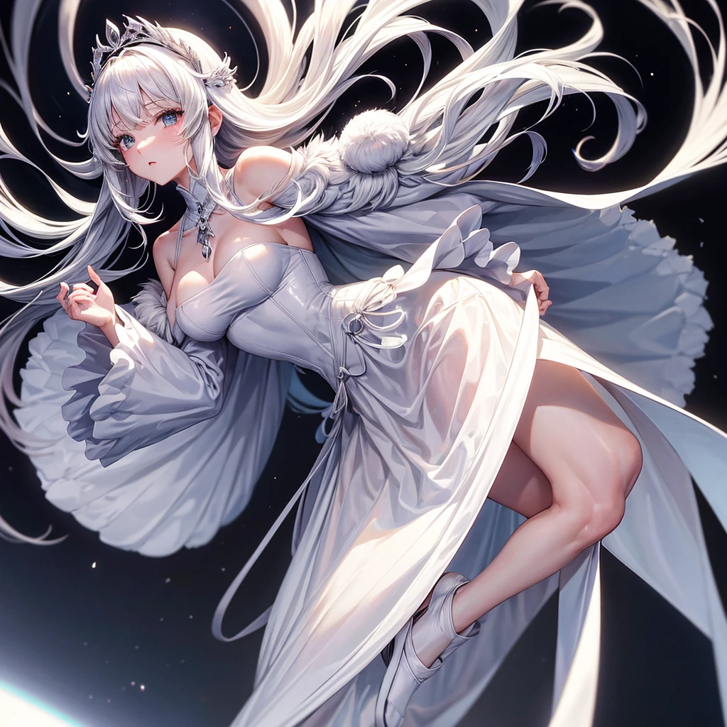 whiteと赤の中世のドレス, Super voluminous skirt, Round Princess Skirt, High throat, Cover the body from neck to toe, Covered neck, Wearing a long black fur jacket, white, translucent, Soft dress,