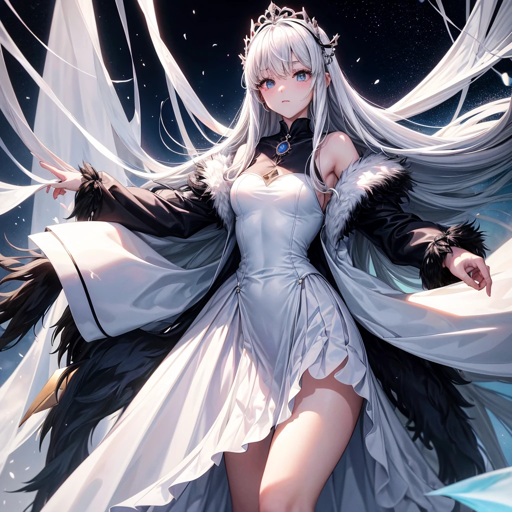 whiteと赤の中世のドレス, Super voluminous skirt, Round Princess Skirt, High throat, Cover the body from neck to toe, Covered neck, Wearing a long black fur jacket, white, translucent, Soft dress,