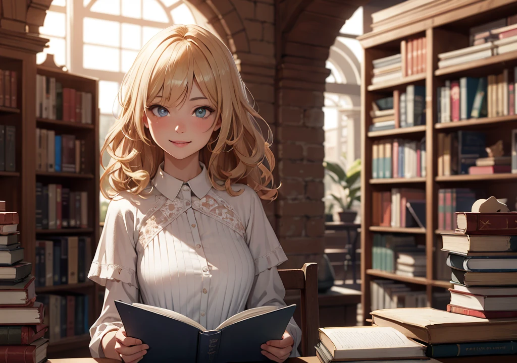 Realistic photos, Focus distance 10mm, Red and white, A big smile, Curly blonde hair, Beautiful girl, Realistic photos, Focus distance 10mmで撮影, masterpiece, 最high quality, high quality, Very detailed CG 8k wallpaper unit, Award-winning photography, Bokeh, Depth of written boundary, High resolution, bloom, chromatic aberration, Realistic, Very detailed, Art Station Trends, CGsociety Trends, Complex, High detail, dramatic, Art on the go, volumetric lighting, A beautiful girl reading a book in a cozy, old library, surrounded by shelves filled with books