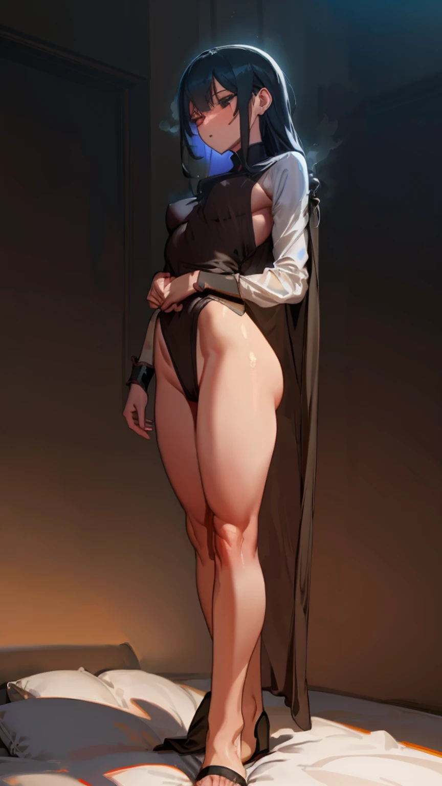 On a plush, oversized bed in a dimly lit room, a giantess lies on her side, her body creating inviting shadows on the silk sheets. A normal-sized man stands at the edge, his breath quickening as he gazes at her alluring form, her eyes locked onto his with a mischievous glint.