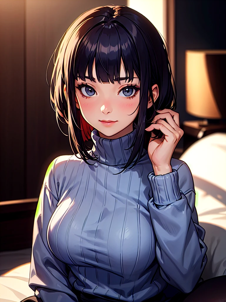 ((Portrait)), She has a Relaxed and Pretty Appearance, with Youthful Charm, Fair Skin and a Chubby Build. She Expresses a Warm and Kind Look, Giving Off a Friendly Attitude. She has Light Gray Eyes, and Her Hair is Short and Tousled, Jet Black, with a Uneven Blunt Bangs. She Wears a Large, Thigh-Length Dark Blue Woolen Sweater, with Long Sleeves and Turtleneck, and a Black Pantyhose. ((Portrait, HDR, Dark Background))