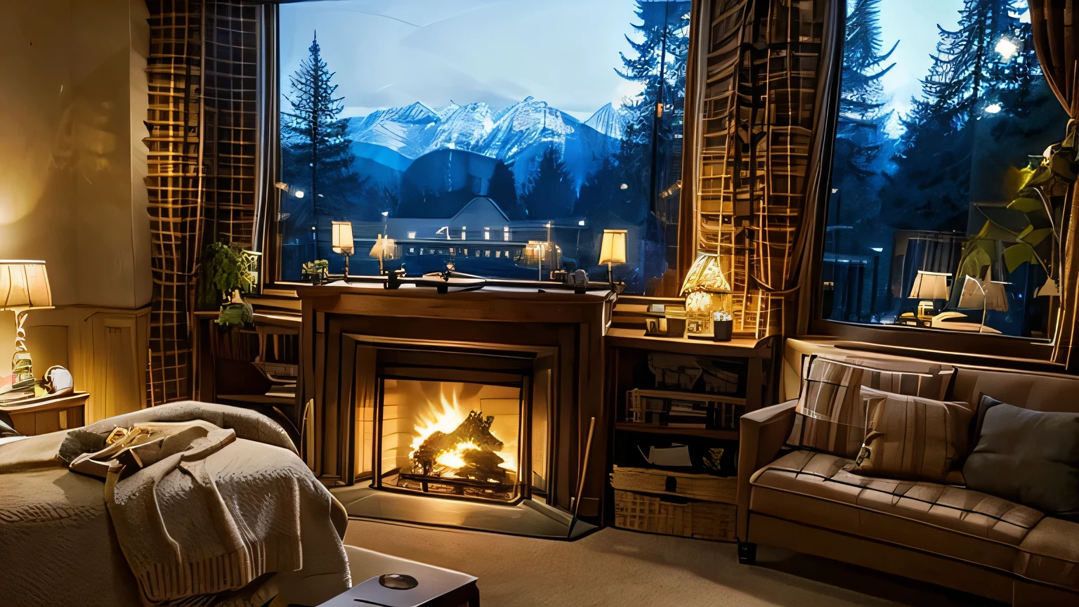 A warm fireplace burns in a living room with a sofa and a table, cozy wallpaper, Cozy environment, Cozy home background, Cozy living room background, Warm living room, Cozy and quiet atmosphere, Cozy living room, Cozy atmosphere, Cozy atmosphere, Cozy place, Cozy and calm, Cozy rooms, Realistic soft lighting, A pleasant and enchanting scene, Warm interior, Pleasant lighting, Cozy atmosphere、Background seen from a large window