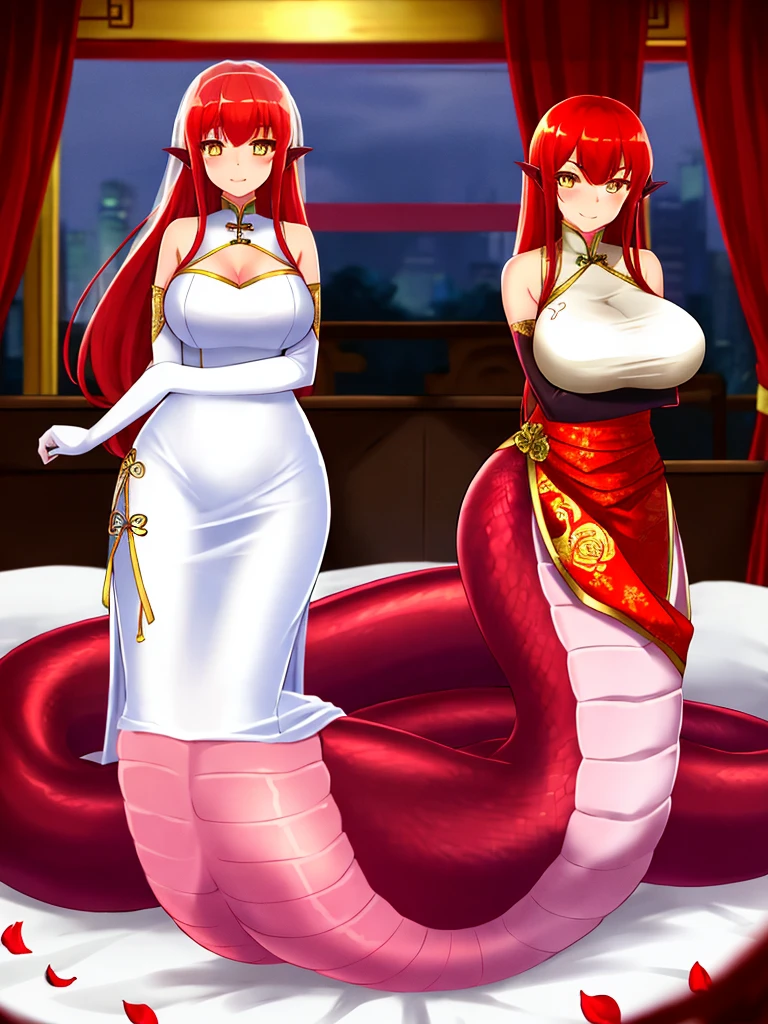 1girl, red lamia, scales, tail, full body, smile, long hair, red hair, yellow eyes, blush, happy face, bedroom, wedding dress, chinese girl, mature female, huge breasts, elbow gloves, white gloves,