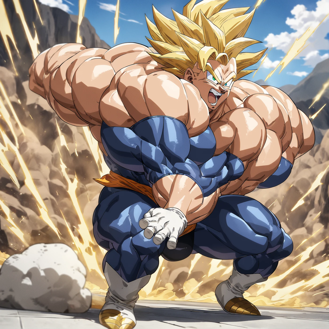1boy, Vegeta, from Dragon Ball Z, saiyan, (yellow hair:2), spiked hair, green eyes, (blue skintight pants:1.5), white gloves, white boots with brown tips, good posture, shirtless, nipples, abs, sumo squat, powering up stance, (huge muscles:2.5), huge pectorals, yellow aura, electricity, (dragonballartstyle:1.5), (in the style of Akira Toriyama:1.5), white tiled floor, outdoors, flat-top mountains in the background, Extreme Wide Shot, masterpiece, best quality, very aesthetic, absurdres, day light