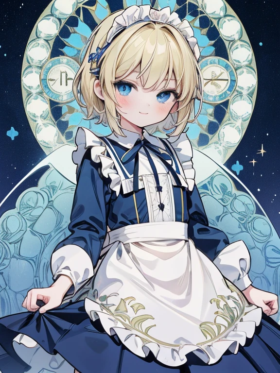 masterpiece, Highest quality, Very detailed, 16K, Ultra-high resolution, Cowboy Shot, Alice in Wonderland, (by Alfons Mucha:1.3), (Pointillism:1.2), , Detailed face, Mischievous Smile, blue eyes, Blonde, Vertical Roll, Ribbon on head, Blue clothes, Plain white apron, 大きなclockのある部屋で, clock, 壁clock
