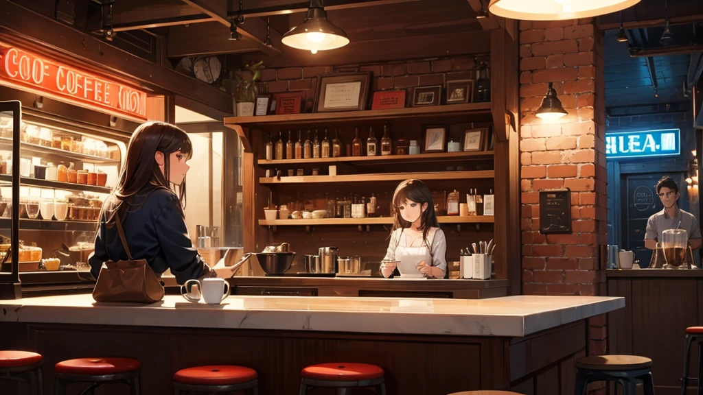 A small cafe is open for business, with lights shining from its red brick exterior. There's a neon sign advertising "Coffee" in red and blue lit letters. Inside, the cafe features a counter with three red stools and a girl sitting in front of it, and a large window that offers a view of the street outside. The atmosphere seems inviting and cozy, perfect for a warm cup of coffee.