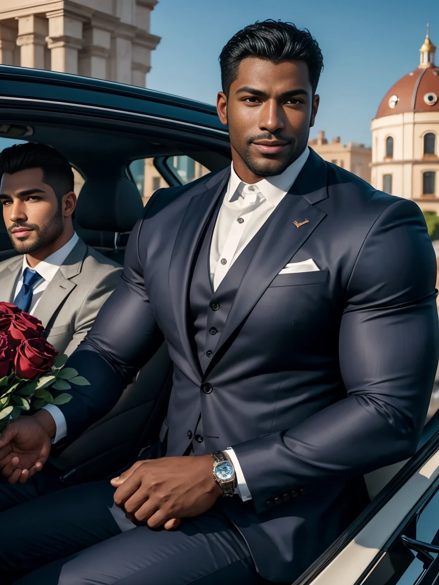 8K，8K resolution，2 Muscular Europeans, handsome man，charming eyes，dark skin,beautiful, smooth and shiny，Full muscles，Thick body hair， (wearing a stylish suit)，big bag highlights，Excellent j8，emphasize，Driving a luxury convertible，The car is full of roses，Two men smiling happily，professional lighting，Professional photography，Realistic photos，realistic model，realistic art，Perfect hand details