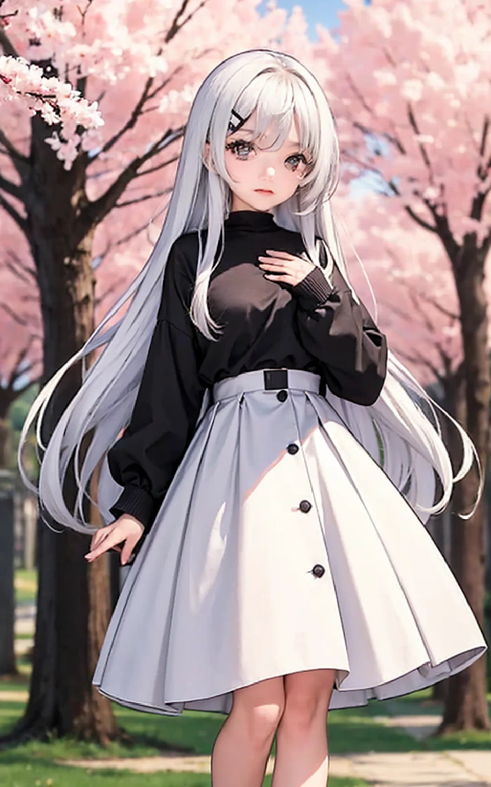 A girl，White long hair，Dissemination，17-year-old girl，C cup，gray eyes，Height 168，Looks a bit dull，Black top，White long skirt，Standing under a huge cherry tree，Facing the camera，Looking at the camera shyly，Blurred eyes，Slightly red face，One hand on chest，Looks very cute，Black shawl，Two bar hairpins in the hair，A black，A white one