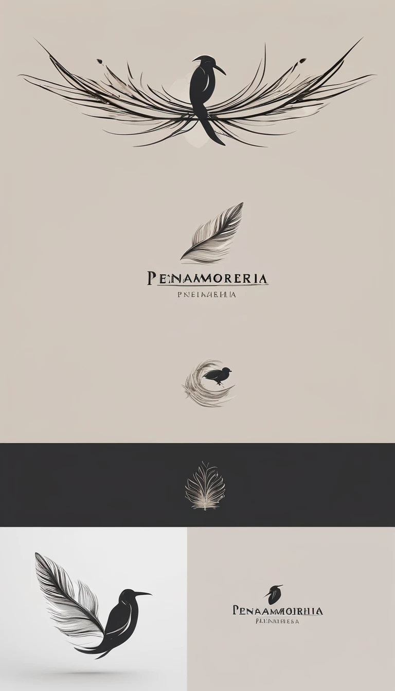 A minimalist, fantastic, poetic, dreamy, captivating, memorable, masterpiece, modern, simple logo design of a boy and a feather for the brand “Penamemoria". The logo must convey a sense of music, stories and dreams. Minimalistic logo design of a boy and a feather.