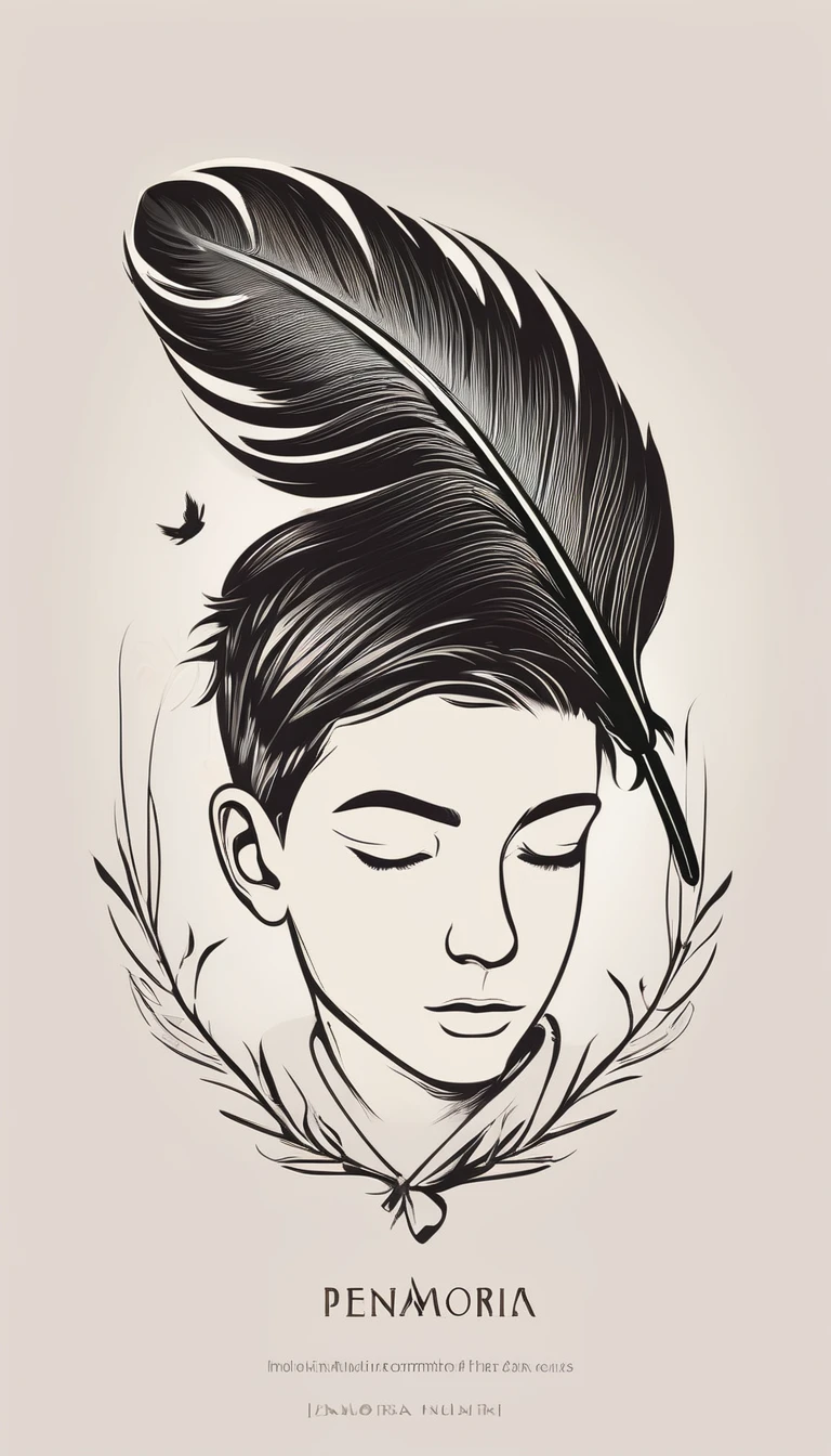A minimalist, fantastic, poetic, dreamy, captivating, memorable, masterpiece, modern, simple logo design of a boy and a feather for the brand “Penamemoria". The logo must convey a sense of music, stories and dreams. Minimalistic logo design of a boy and a feather.