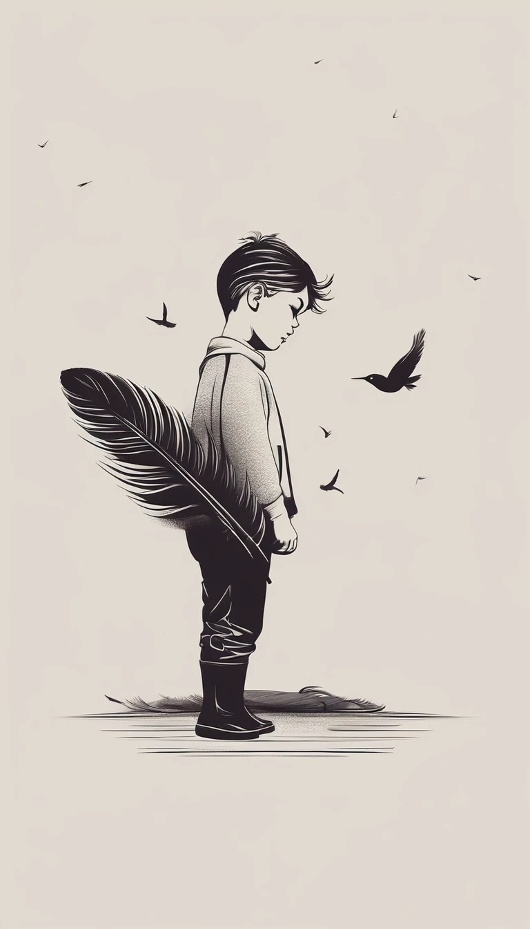 A minimalist, fantastic, poetic, dreamy, captivating, memorable, masterpiece, modern, simple logo design of a boy and a feather for the brand “Penamemoria". The logo must convey a sense of music, stories and dreams. Minimalistic logo design of a boy and a feather.