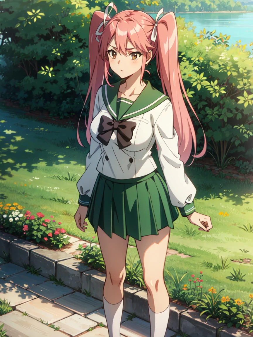 tall body, tall, long legs, mature female, mature, adult, outdoors, park, garden, lake, sunshine, sunlight, bright, greenery eft_hotd_pink, 1girl, solo, twintails, , skirt, breasts, long hair, serafuku, green skirt, ribbon, hair ribbon, brown eyes, large breasts, pleated skirt, socks, pink hair, red hair, bow, long sleeves,