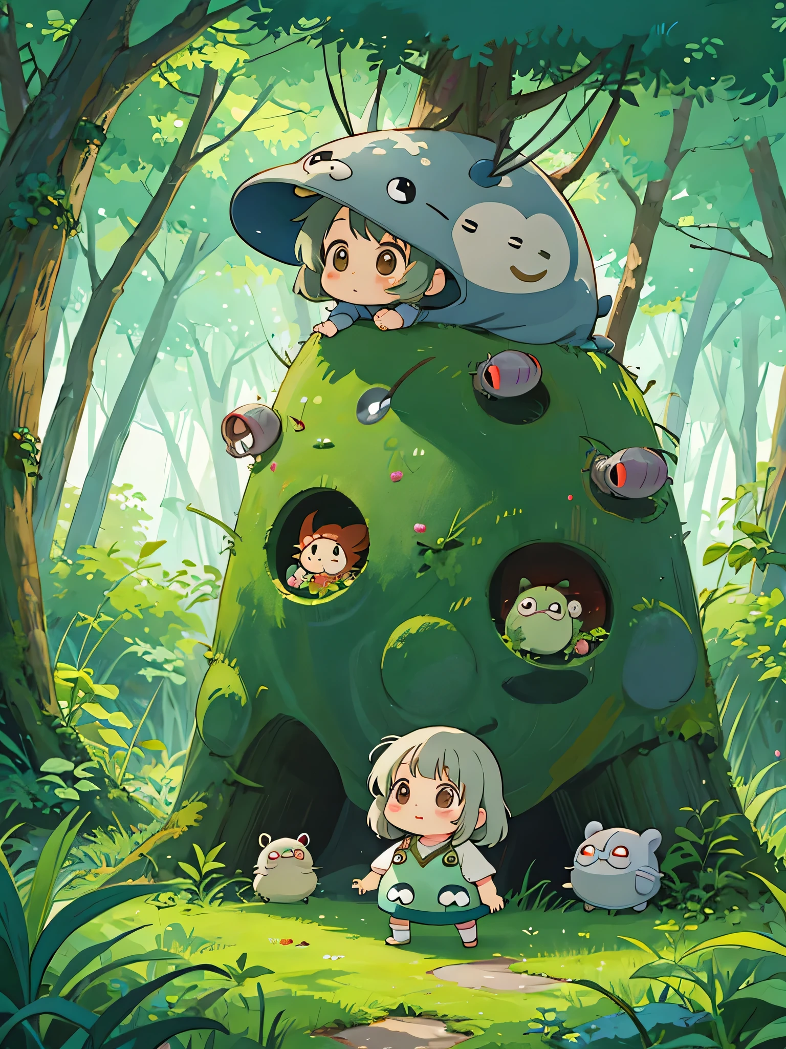 Hayao Miyazaki style, Kawaii Design, The most beautiful girl of all time、Chibi, Colorful and cute pillbugs, Totoro Forest