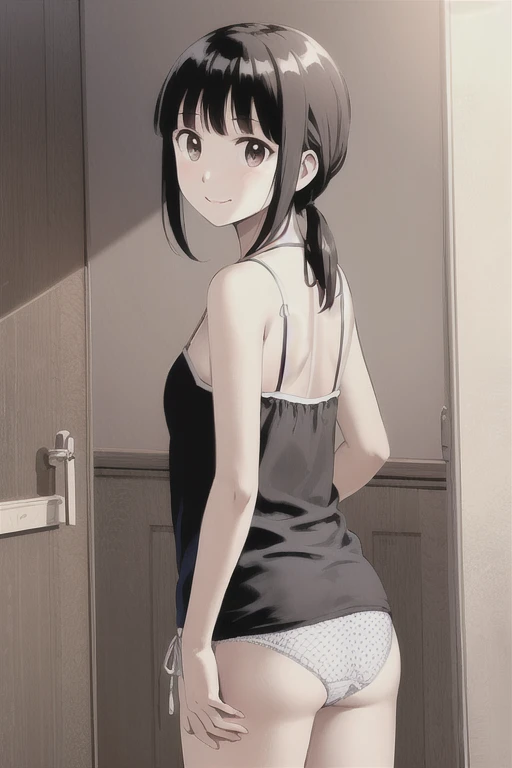 View your viewers,
Black Hair,(Tied Hair,Blunt bangs:1.2), Small breasts, blush、smile、Backwards、look back、Sticking out your ass、
((camisole、Panties)), (Highest quality:1.3),One girl、Western-style room、