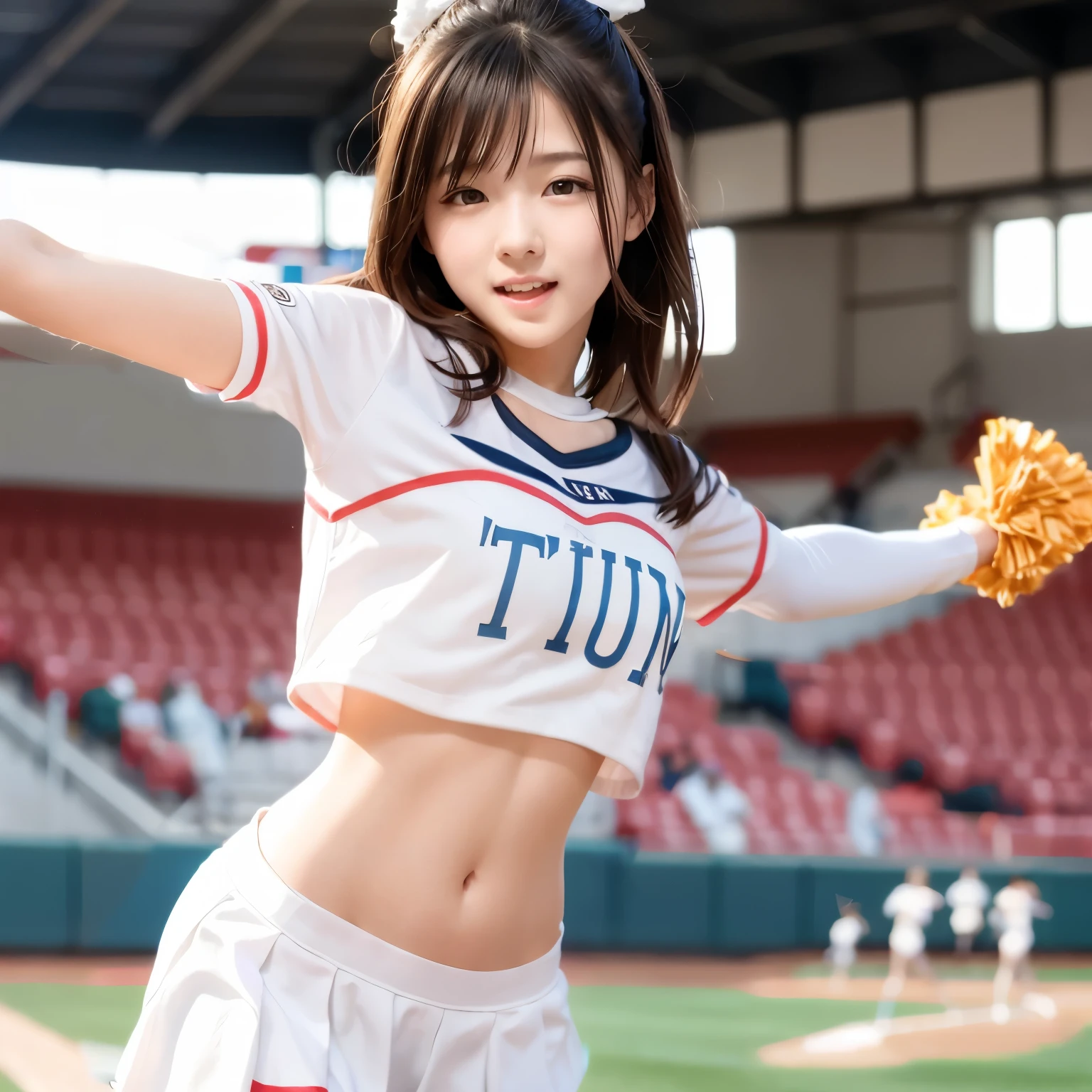 (best quality:1.2), masterpiece, (15-year-old, ultra cute kawaii:1.3), solo, smile, standing, looking at viewer, cowboy shot, (nup, cheerleader:1.2), ((focus on her armpits)), (((Sweaty armpits))), Armpit depression, ((((Dimpled Armpits)))), ((((Deeply wrinkled armpits))))