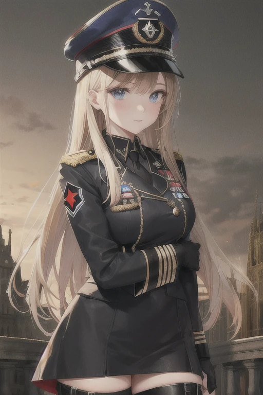 A woman wears a black Gothic style military uniform., Black military helmet with gold details., Iron cross symbol on a soldier&#39;s helmet, Long blonde hair, conjunctivitis, black boots, In the autumn theme forest, (Just a woman, alone), HDR, very detailed, Extra resolution, Masterpiece. 8k HD.