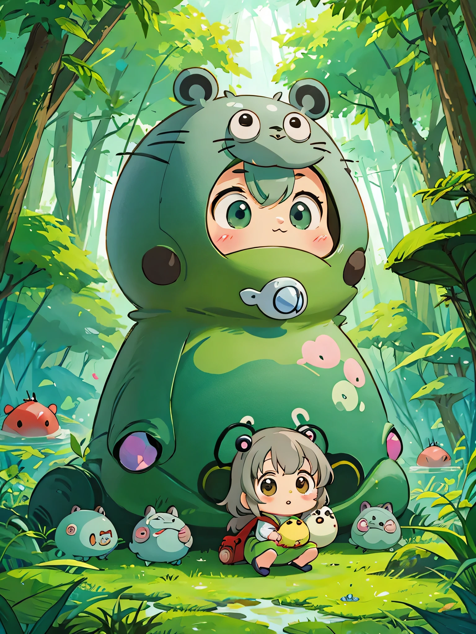 Hayao Miyazaki style, Kawaii Design, The most beautiful girl of all time、Chibi, Colorful and cute pillbugs, Totoro Forest