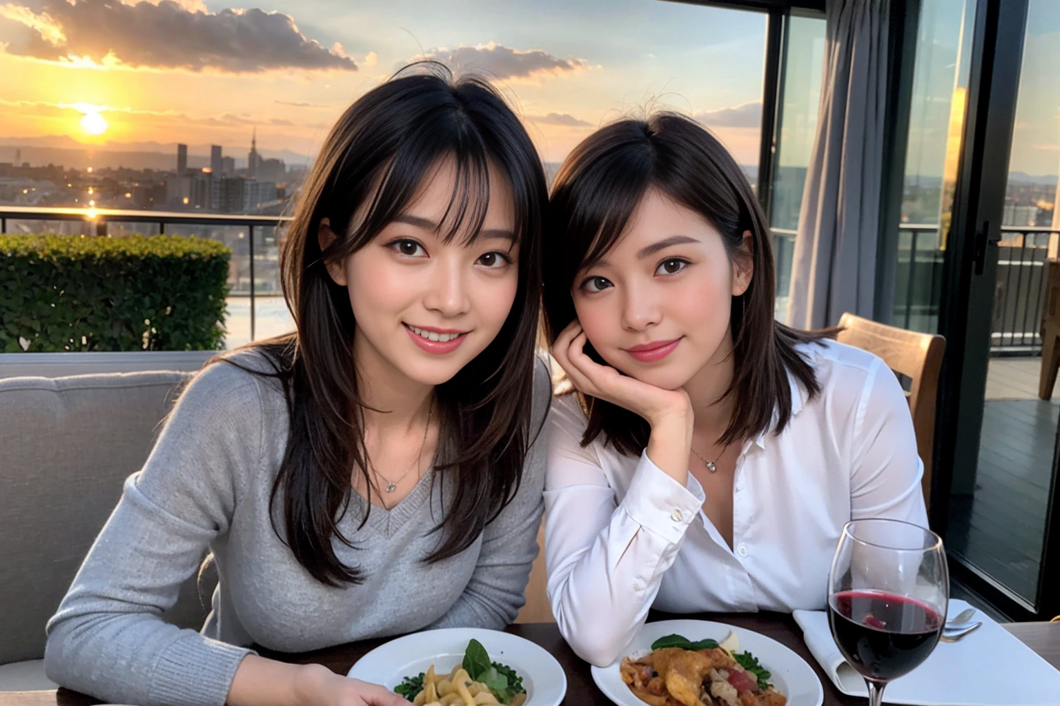 ((Highest quality、8K、masterpiece:1.3))、Slim Couple、Model Couple、Beautiful woman 1, (Slim face),(Realistic, Intricate details:1.2), full-course dinner、Wine Party、Amazing view of the sunset sky and clouds、A bright smile、The wonderfulness of smile、Bright image、The beauty of wine, Beautiful Face, blue eyes, The light shines on your face, Blushing, short hair,Bright Face、 (Age 37), Age 34, red wine 、Appetizers、Italian food、Wine bottle、Champagne、sparkling wine、Two beauties、Brown Hair、Shortcuts、Long sleeve shirt、dress、 (The body is スリム), (Brown Hair), (Shortcuts), (smile: 1.15), Beautiful fine grain, Depth f/2,saturation, High Contrast, Strong light and shadow,Moist Body:1.5、3D texture、Delicate eyes、Brown Hair、The hair is very shiny、