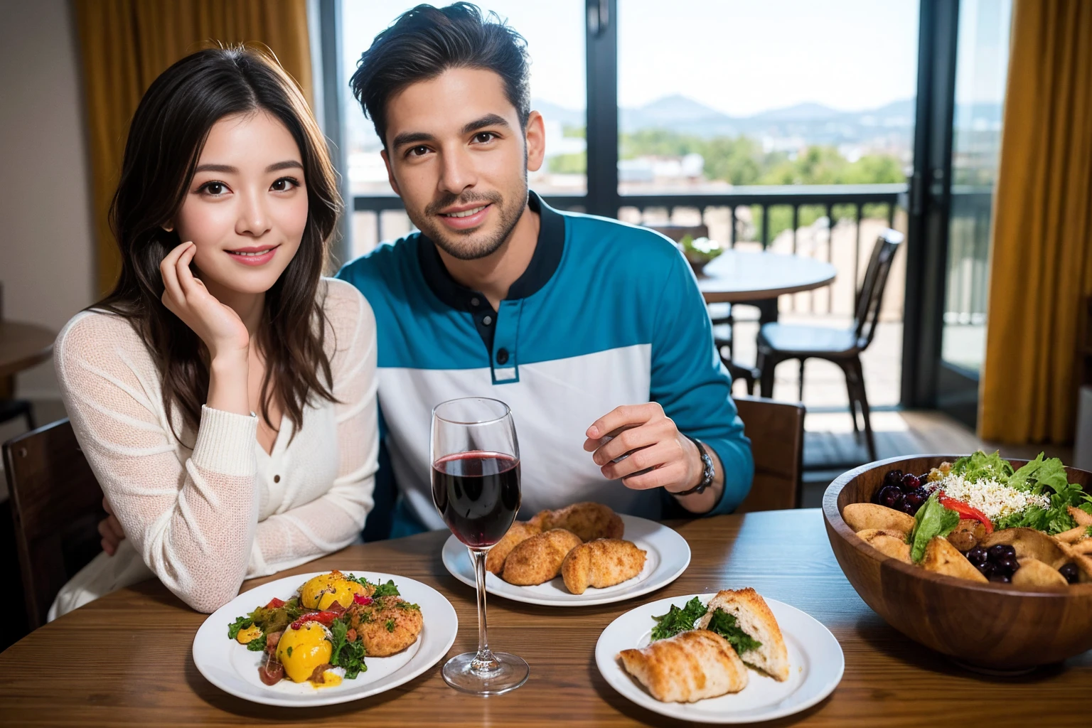 ((Highest quality、8K、masterpiece:1.3))、Slim Couple、Model Couple、Beautiful woman 1, (Slim face),(Realistic, Intricate details:1.2), full-course dinner、Wine Party、Amazing view of the sunset sky and clouds、A bright smile、The wonderfulness of smile、Bright image、The beauty of wine, Beautiful Face, blue eyes, The light shines on your face, Blushing, short hair,Bright Face、 (Age 37), Age 34, red wine 、Appetizers、Italian food、Wine bottle、Champagne、sparkling wine、Two beauties、Brown Hair、Shortcuts、Long sleeve shirt、dress、 (The body is スリム), (Brown Hair), (Shortcuts), (smile: 1.15), Beautiful fine grain, Depth f/2,saturation, High Contrast, Strong light and shadow,Moist Body:1.5、3D texture、Delicate eyes、Brown Hair、The hair is very shiny、