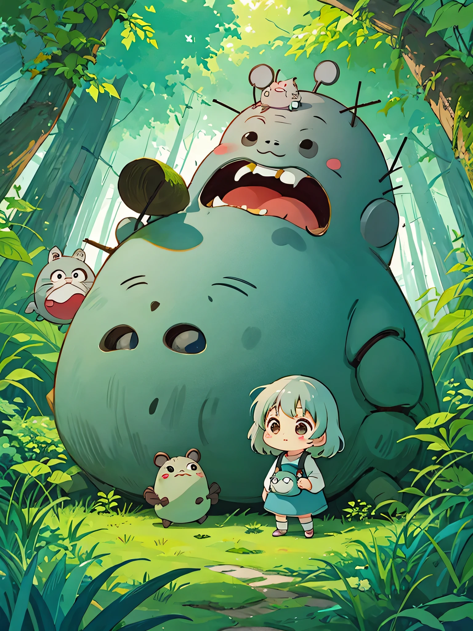 Hayao Miyazaki style, Kawaii Design, The most beautiful girl of all time、Chibi, Colorful and cute pillbugs, Totoro Forest