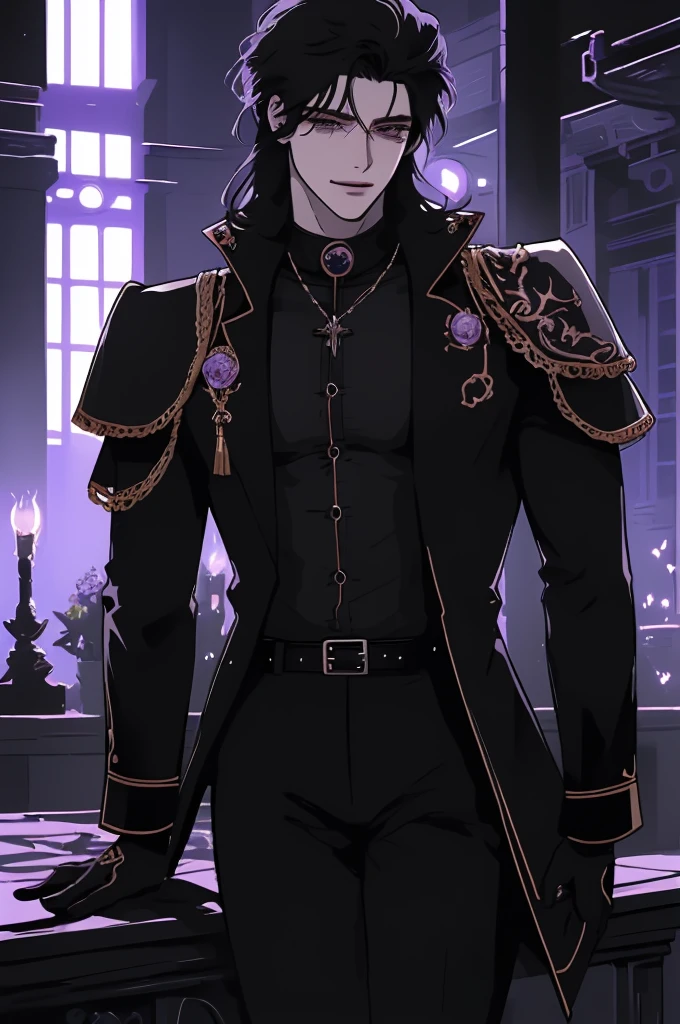 anime man in the night city, attractive man with сиреневые глаза while squinting, black hair, black shirt, black body armor, Military boots, black leather belts, (((no decorations on clothes))), beautiful detailed eyes, lilac eyes eyes, squinting, shoulder-length curly hair, (Best quality,4K,8 k,A high resolution,masterpiece:1.2), ultra detailed,bright colors,dramatic lighting,complex parts,Cinematic, A tall man, A sly smile on his face, long hair, full length