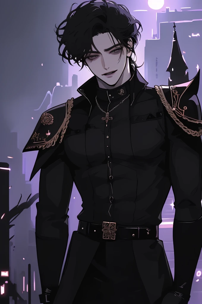 anime man in the night city, attractive man with сиреневые глаза while squinting, black hair, black shirt, black body armor, Military boots, black leather belts, (((no decorations on clothes))), beautiful detailed eyes, lilac eyes eyes, squinting, shoulder-length curly hair, (Best quality,4K,8 k,A high resolution,masterpiece:1.2), ultra detailed,bright colors,dramatic lighting,complex parts,Cinematic, A tall man, A sly smile on his face, long hair, full length