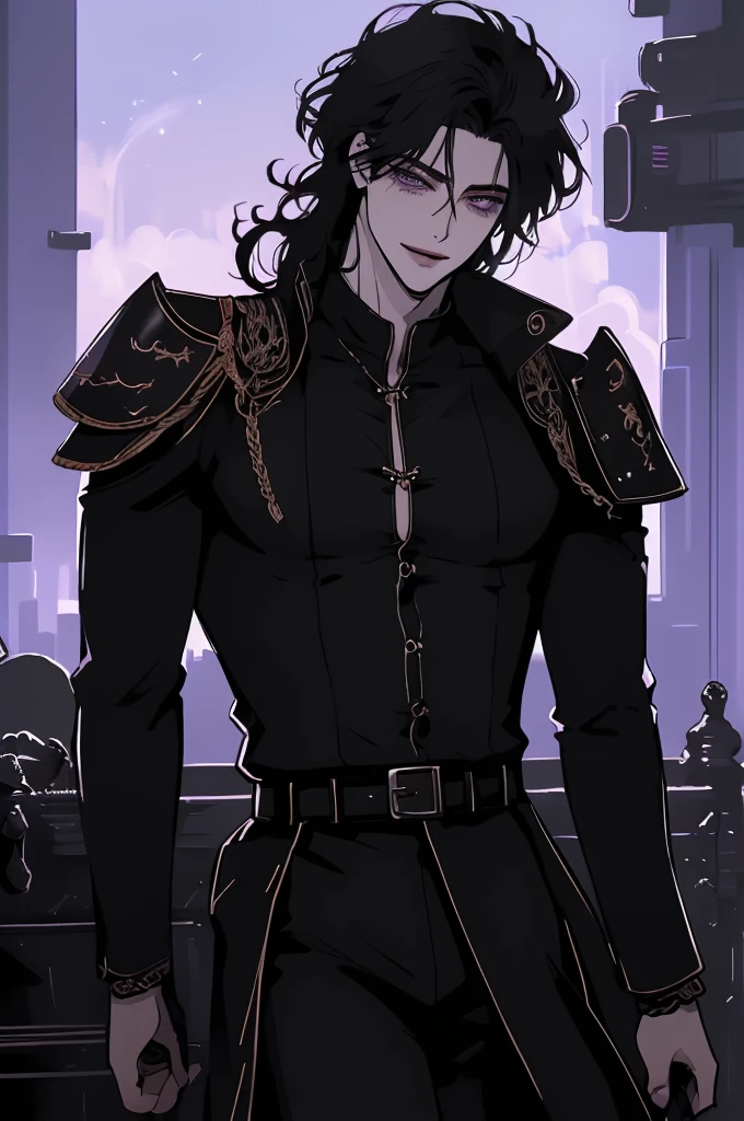 anime man in the night city, attractive man with сиреневые глаза while squinting, black hair, black shirt, black body armor, Military boots, black leather belts, (((no decorations on clothes))), beautiful detailed eyes, lilac eyes eyes, squinting, shoulder-length curly hair, (Best quality,4K,8 k,A high resolution,masterpiece:1.2), ultra detailed,bright colors,dramatic lighting,complex parts,Cinematic, A tall man, A sly smile on his face, long hair, full length