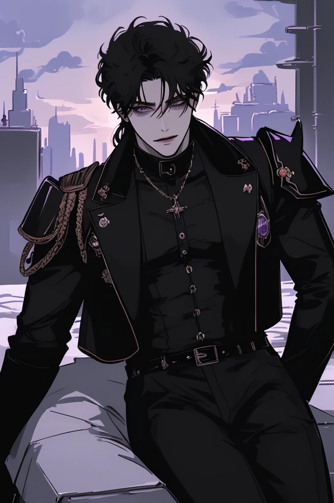 anime man in the night city, attractive man with сиреневые глаза while squinting, black hair, black shirt, black body armor, Military boots, black leather belts, (((no decorations on clothes))), beautiful detailed eyes, lilac eyes eyes, squinting, shoulder-length curly hair, (Best quality,4K,8 k,A high resolution,masterpiece:1.2), ultra detailed,bright colors,dramatic lighting,complex parts,Cinematic, A tall man, A sly smile on his face, long hair, full length