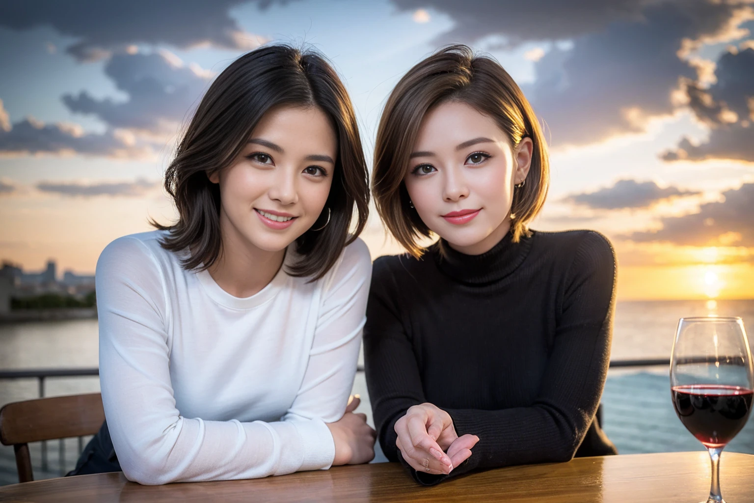 ((Highest quality、8K、masterpiece:1.3))、Slim Couple、Model Couple、Beautiful woman 1, (Slim face),(Realistic, Intricate details:1.2), full-course dinner、Wine Party、Amazing view of the sunset sky and clouds、A bright smile、The wonderfulness of smile、Bright image、The beauty of wine, Beautiful Face, blue eyes, The light shines on your face, Blushing, short hair,Bright Face、 (Age 37), 40 years old, red wine 、Appetizers、Italian food、Wine bottle、Champagne、sparkling wine、Two beauties、Brown Hair、Shortcuts、Long sleeve shirt、dress、 (The body is スリム), (Brown Hair), (Shortcuts), (smile: 1.15), Beautiful fine grain, Depth f/2,saturation, High Contrast, Strong light and shadow,Moist Body:1.5、3D texture、Delicate eyes、Brown Hair、The hair is very shiny、