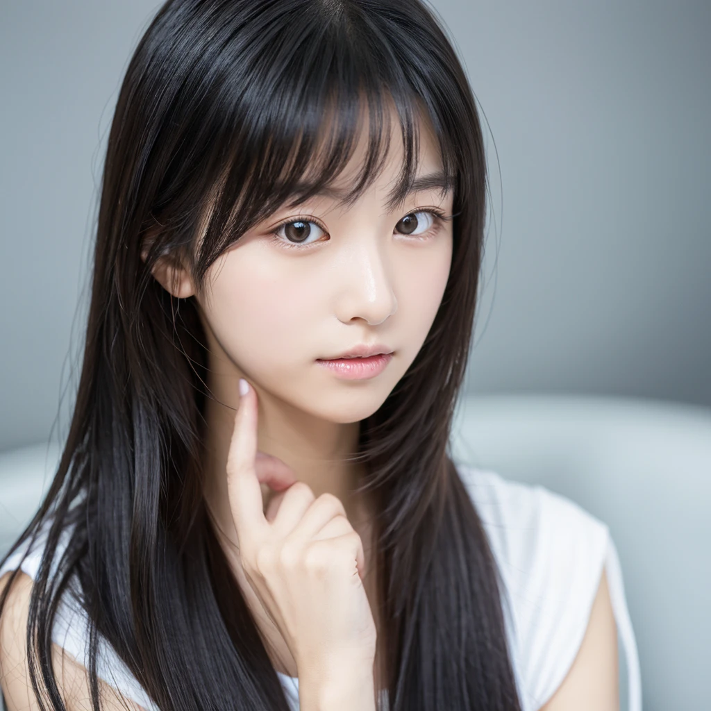 innocent girl with black hair without bangs and white skin