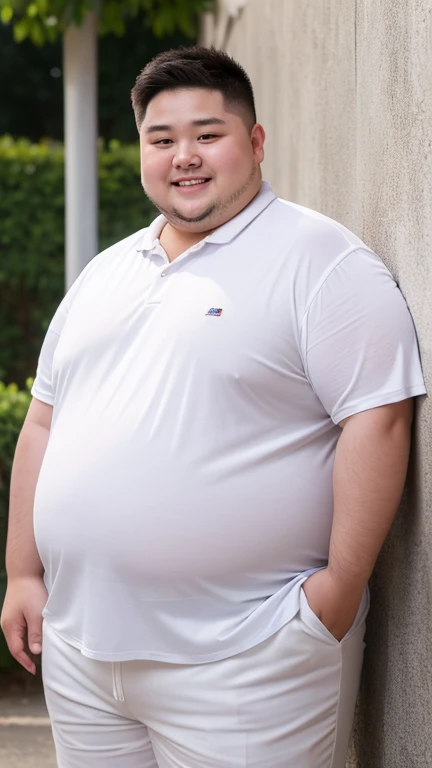 high quality,ultra detailed,best quality,Fat man,18 years old,detailed face, A white shirt that is see-through with sweat,school uniform,classroom,standing,full body,Sweaty,chubby,fat,smile,hands on own chest,