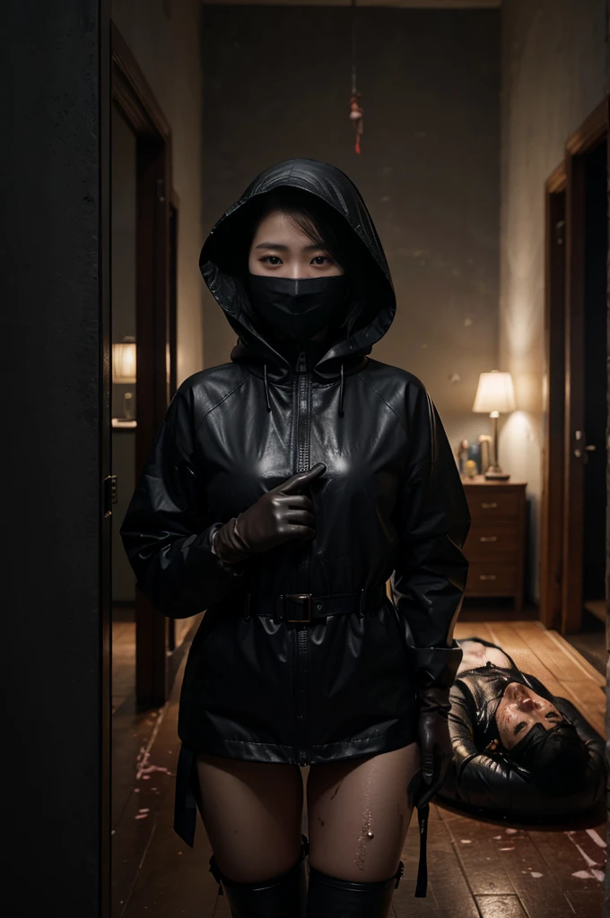 korean girl, (behind corpse, surgical mask), multiple girls, holding knife, stabbing, black raincoat, leather gloves, hood up, room full of blood, black wet suit, holding knife, leather gloves, behind corpse, blood splatter, short hair, night, mass murderer, robbery, in the house, dark atmosphere, cinematic lighting, atmospheric realistic,
