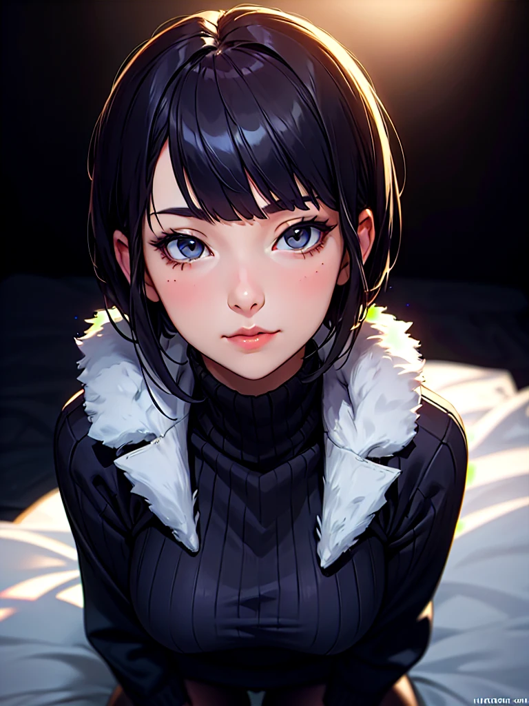 ((Portrait)), She has a Relaxed and Pretty Appearance, with Youthful Charm, Fair Skin and a Chubby Build. She Expresses a Warm and Kind Look, Giving Off a Friendly Attitude. She has Light Gray Eyes, and Her Hair is Short and Tousled, Jet Black, with a Uneven Blunt Bangs. She Wears a Large, Thigh-Length Dark Blue Woolen Sweater, with Long Sleeves and Turtleneck, and a Black Pantyhose. ((Portrait, HDR, Dark Background))
