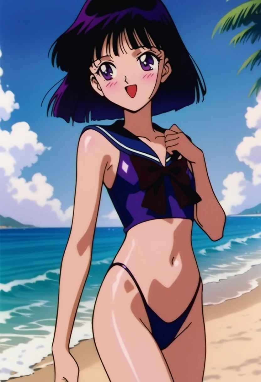 masterpiece, best quality, very aesthetic, absurdres, Sailor Saturn XL, 1990s \(style\), beautiful detailed eyes, vibrant colors, BREAK 1girl, solo, teen, short hair, black hair, purple eyes, flat chest, skinny, nude, swimsuit, highleg, shiny clothing, BREAK looking away, smile, blush, open mouth, (model pose:1.2), outdoors, beach, wind, dutch angle,