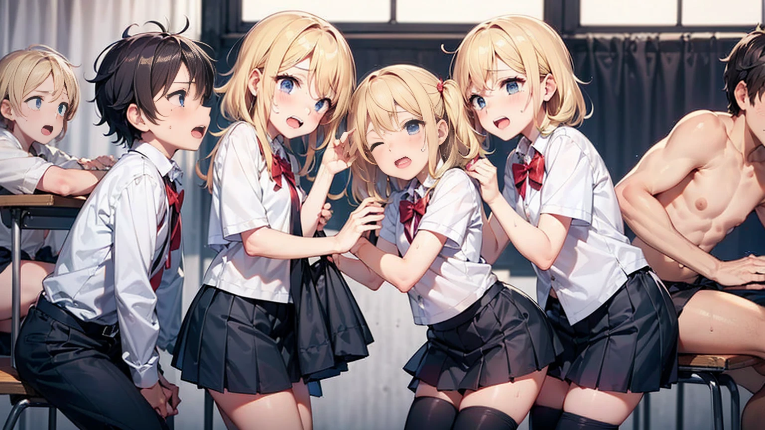 Highest quality,Highest quality,One girl,Multiple Boys,(((()))),  Surrounded,Flat Chest,orgasm,blush, Sweat, Sakurai Momoka,Blonde,White Sarah Outfit,Navy Blue Skirt, Not a pleated skirt,whole body,classroom, Grey pantyhose、Flipping up a navy blue skirt、Spread your legs