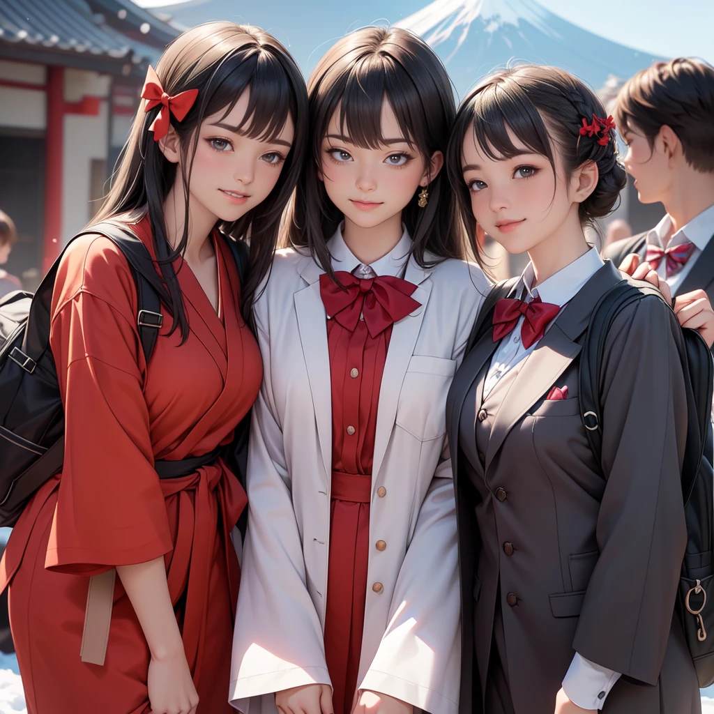 ((8K, RAW Photos, Highest quality, masterpiece)),((Showing the kimono from the obi up:1.5)), High-resolution RAW color photos、
Professional close-up photography, (Realistic, フォトrealism: 1.37),
(Highest quality), (Best Shadow), (Best illustrations),
High-quality images、Skin Radiance、Texture of skin and clothing、
Expression of fine eyes、Shiny Hair,Long Hair Girl, Manga inspired by Lee Jong-suk,
Trending on deviantart, realism, detailed manga style, Manga art style,
Perfect Line Drawing, Beautiful line art, digital manga art girl, K-POPアイドル,
Beautiful brown eyes, Fuller lips, Gorgeous face with attention to detail,
(Cute Smile), attractive, Innocent, (Perfectly detailed face),
(Detailed and carefully drawn hand) Photorealistic images, Written boundary depth,
(Japanese style princess cut hairstyle:1.5),
best quality, masterpiece, New Year,
Three Japanese high-school cute girls, ((looking straight:1.7)),
a short-sleeved Japanese-blue-high-school-sailor-suit,
((Reddish bow tie, with a school bag:1.5))
((gently smiling:1.7)),
((upper arms hidden by clothes and hair:1.5)),
(innocent and pure high-school-girls:1.7)
(separately side by side:1.5),
shrine background, (mount Fuji:1.3), ((snow))
winter(season), (outdoors:1.5)