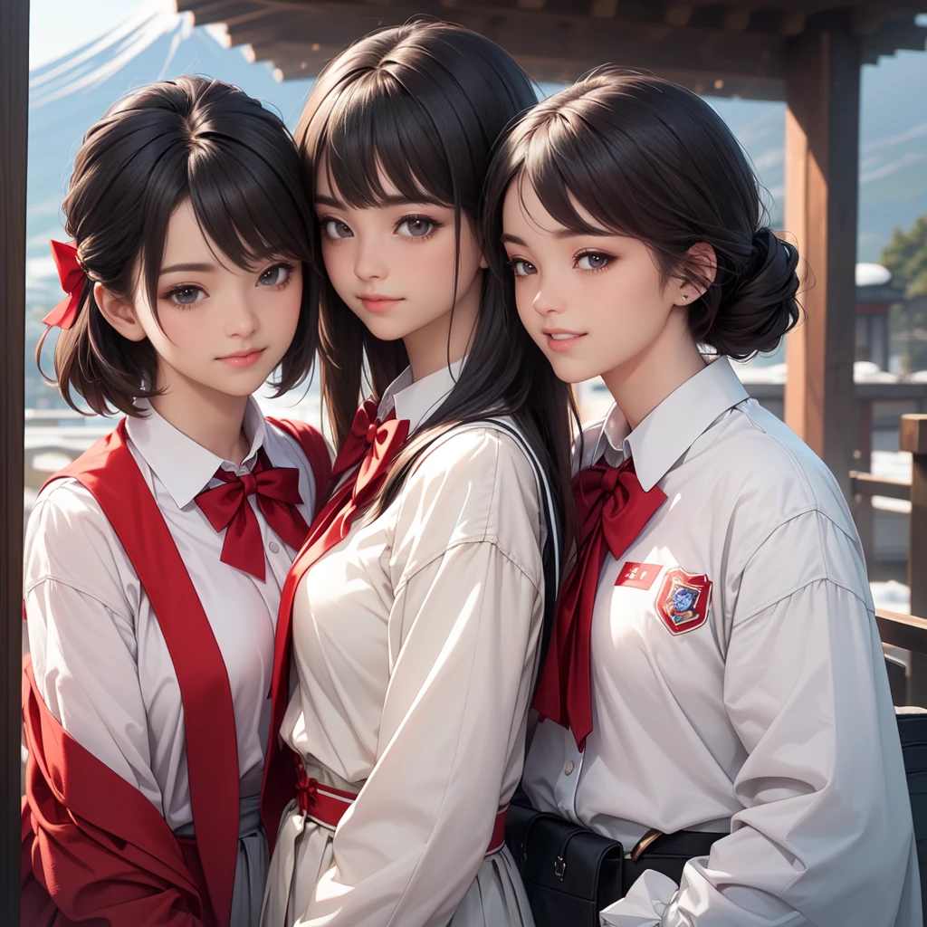 ((8K, RAW Photos, Highest quality, masterpiece)),((Showing the kimono from the obi up:1.5)), High-resolution RAW color photos、
Professional close-up photography, (Realistic, フォトrealism: 1.37),
(Highest quality), (Best Shadow), (Best illustrations),
High-quality images、Skin Radiance、Texture of skin and clothing、
Expression of fine eyes、Shiny Hair,Long Hair Girl, Manga inspired by Lee Jong-suk,
Trending on deviantart, realism, detailed manga style, Manga art style,
Perfect Line Drawing, Beautiful line art, digital manga art girl, K-POPアイドル,
Beautiful brown eyes, Fuller lips, Gorgeous face with attention to detail,
(Cute Smile), attractive, Innocent, (Perfectly detailed face),
(Detailed and carefully drawn hand) Photorealistic images, Written boundary depth,
(Japanese style princess cut hairstyle:1.5),
best quality, masterpiece, New Year,
Three Japanese high-school cute girls, ((looking straight:1.7)),
a short-sleeved Japanese-blue-high-school-sailor-suit,
((Reddish bow tie, with a school bag:1.5))
((gently smiling:1.7)),
((upper arms hidden by clothes and hair:1.5)),
(innocent and pure high-school-girls:1.7)
(separately side by side:1.5),
shrine background, (mount Fuji:1.3), ((snow))
winter(season), (outdoors:1.5)