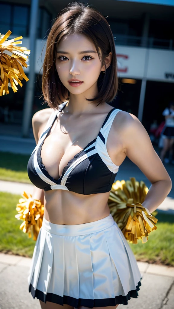 (8K, RAW Photos, Highest quality, Tabletop:1.2), (Realistic, Photorealistic:1.37),One Girl, Professional Lighting, Photon Mapping, Radio City, RAW Photos、(Photorealistic:1.4)、Octane Rendering、Complex 3D rendering with ultra-detail, Studio Soft Light, Rim Light, Vivid details, Super Detail, Realistic skin texture, Detailed aspect, Beautiful details in the eyes, Highly detailed CG Unity 16k wallpaper, compensate, (Detailed Background:1.2),Highest quality, Ultra-high resolution, Tabletop, One Girl,Brown Hair,(short hair), 20-year-old,((Colorful cheerleader costumes、Cheerleader Outfits)), Cute face、((Pleated skirt))、Nogizaka Idol、Chinese Idol、Japan is an idol、((Cleavage))