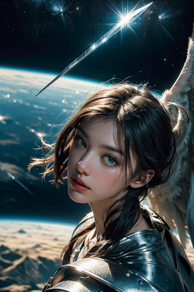 (best quality), ((ultra realistic)), ((detailed face)), (masterpiece), (perfect angel dagger), ((high-angle)), angel of doom flying over the blue-green earth, very big majestic wings, angel holding glowing a magical warrior dagger, harsh descent towards the planet from outer space, glow with power, gleaming armor glinting in the starlight, planet swirling with blues and greens under a hazy atmosphere, powerful, perspective , epic dark fantasy artwork, dynamic motion, 32k UHD, hyper-realistic, glowing, precisionist lines, cinematic, ultra details
