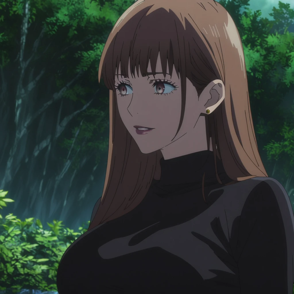 1girl, female gojo satoru, anime screencap from jujutsu kaisen, gojo satoru female version, solo, long_straight hair, blue eyes ((Dark Brown_hair, straight hair)), forest background (hanging breasts) upper_body, smile, brown_eyes, lips (straight hair) (wearing round sunglasses) ((wearing black sweater outfit)) breast, "very detailed and high resolution" (brown eyes) ((solo)) (front view) (earings) ((high resolution)) ((good quality)) ((bangs))