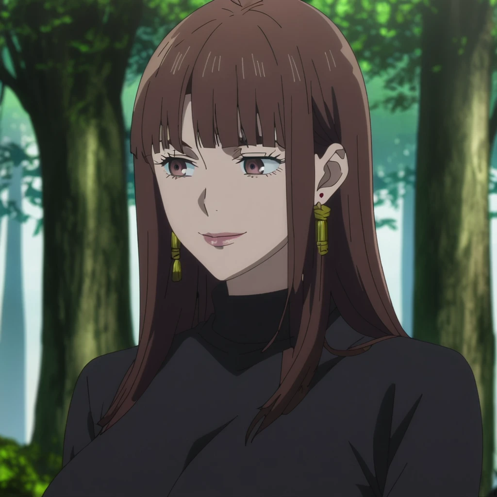 1girl, female gojo satoru, anime screencap from jujutsu kaisen, gojo satoru female version, solo, long_straight hair, blue eyes ((Dark Brown_hair, straight hair)), forest background (hanging breasts) upper_body, smile, brown_eyes, lips (straight hair) (wearing round sunglasses) ((wearing black sweater outfit)) breast, "very detailed and high resolution" (brown eyes) ((solo)) (front view) (earings) ((high resolution)) ((good quality)) ((bangs))