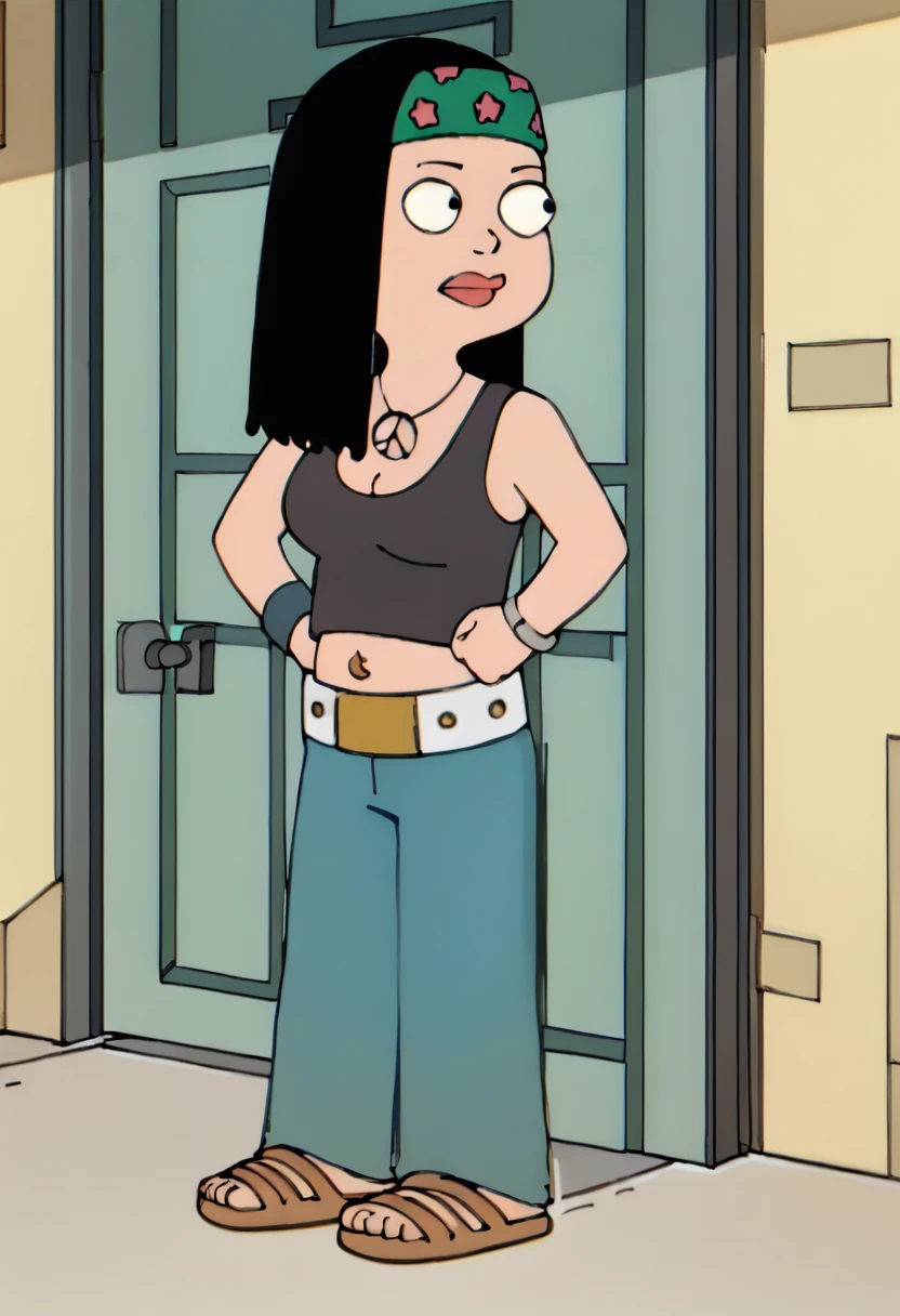 Hayley Smith, black hair, black tank top, large breasts, cleavage, blue jeans, sandals