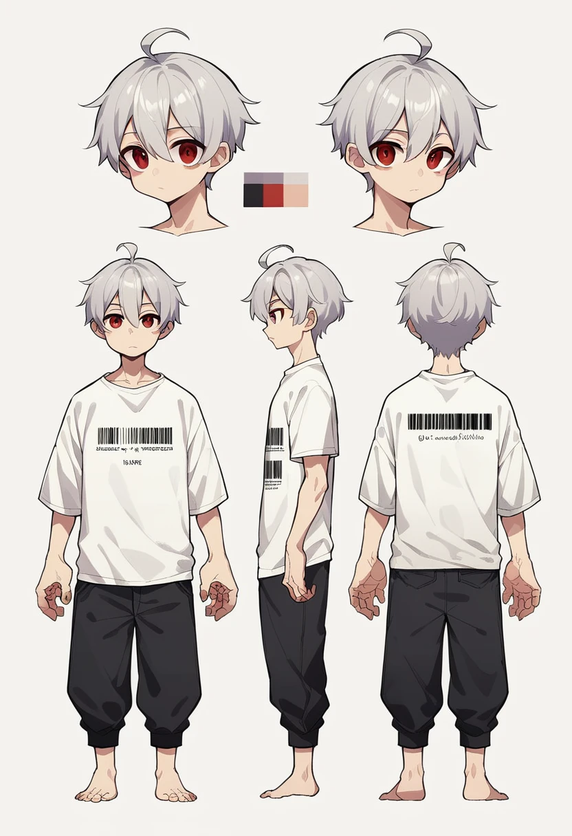 2D model reference sheet of anime boy, silver hair, ahoge, red eyes, cheek barcode, white oversized sweatshirt and black pants, barefoot, front side and back views, turnaround, white background, cute, tall chibi, big hands and feet,